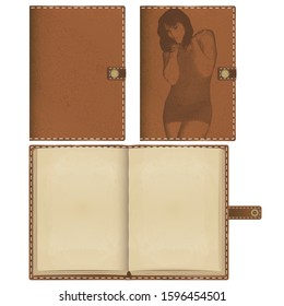 notebook in leather cover with stitched light thread edges. option embossed with a young girl. the template of an open book with yellowed blank pages