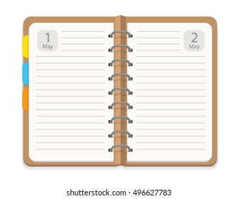Notebook in a line with bookmarks isolated on white background. Vector illustration. 