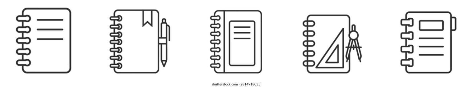 notebook line icon set outline style office stationery spiral notepad and writing tools on transparent background