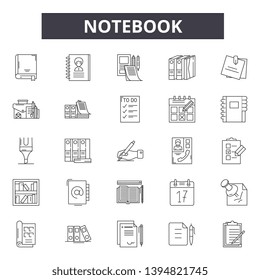 Notebook line icon signs.  Linear vector outline illustration set concept.