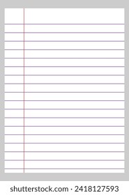 Notebook lined paper background isolated. Ruled sheet of notebook paper. Vector paper template. EPS file 99.