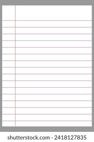 Notebook lined paper background isolated. Ruled sheet of notebook paper. Vector paper template. EPS file 98.