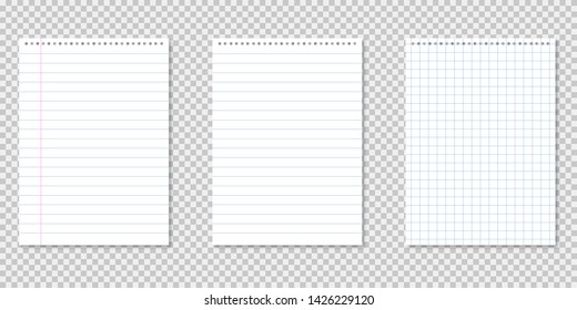 Notebook lined paper on transparent background with shadows. Notepad page. Blank paper. EPS 10