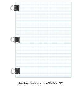 Notebook lined paper sheet with metallic clip isolated