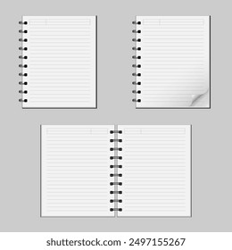 Notebook with lined papers. Notepad with open pages, bent sheet, cover and spiral (binder) for writing and taking notes. Vector illustration of stationery isolated on grey background. 
