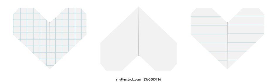 Notebook lined squared paper heart icon set. Origami handmade craft fold. Happy Valentines day sign symbol. Line Cell texture. Cute graphic shape. Flat design. Love card. White background. Vector