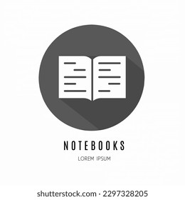 Logo für Notebooks. Illustration des Notizbuches in Wohnung. Stock-Vektorgrafik.