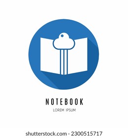 Logo de bloc de notas. Ilustración de cuaderno en plano. Vector de material.