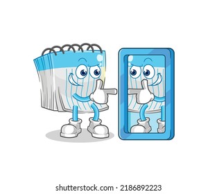 el bloc de notas mirando la caricatura espejo. vector de mascota de dibujos animados