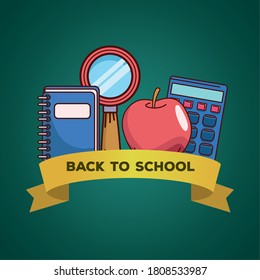 notebook lupe apple and calculator with ribbon design, Back to school eduacation class and lesson theme Vector illustration