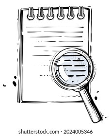 Notebook and magnifying glass, sketchy hand drawn vector