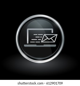 Notebook mail delivery symbol with laptop email send icon inside round chrome silver and black button emblem on black background. Vector illustration.