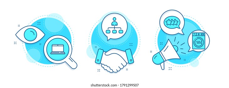 Notebook, Management and Stars line icons set. Handshake deal, research and promotion complex icons. Dryer machine sign. Laptop computer, Agent, Customer feedback. Laundry. Technology set. Vector