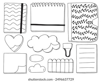 Notebook memo and reminder stickers vector doodle set. Hand drawn sketchbooks and reminder notes set