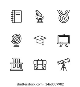 Notebook, Microscope, Medal, Globe, Graduation Cap, Whiteboard, Laboratorium, Briefcase, Telescope Icon, Education School Line Icon Set Symbol Vector