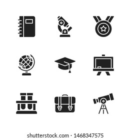 Notebook, Microscope, Medal, Globe, Graduation Cap, Whiteboard, Laboratorium, Briefcase, Telescope Icon, Education School Glyph Icon Set Symbol Vector