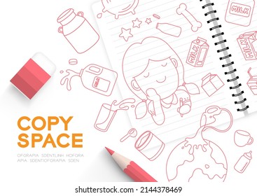 Notebook with Milk doodle kids Girl Imagine of Future hand drawing pattern editable stroke, World Milk Day 2022 concept, cartoon minimal flat design illustration top view background copy space, vector
