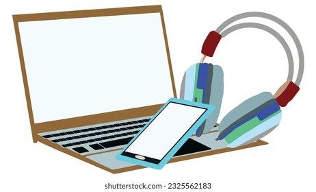Notebook, mobile phone, headphones vector illustration on white background.