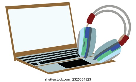 Notebook, mobile phone, headphones vector illustration on white background.