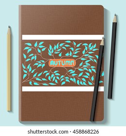 Notebook mock up with autumn pattern on a blue background. Vector Illustration