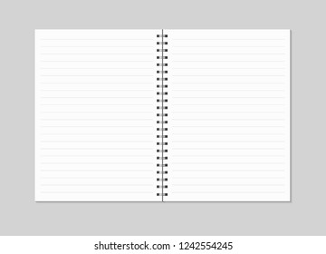 Notebook mock up isolated on gray background. Lined white pages, copybook with metal spiral template. Realistic opened notebook vector illustration.