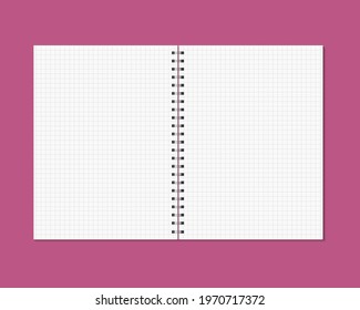Notebook mock up isolated on gray background. Cell lined pages copybook with metal spiral template. Opened notebook vector illustration.