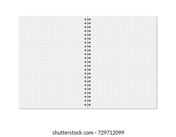 Notebook mock up isolated on white background. Cell lined pages copybook with metal spiral template. Opened notebook vector illustration.