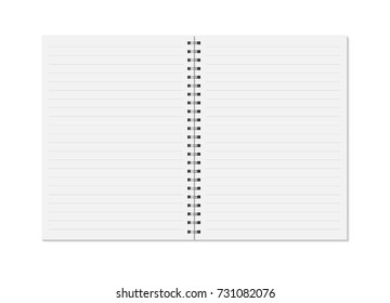 Notebook mock up isolated on white background. Lined pages, copybook with metal spiral template. Realistic opened notebook vector illustration.