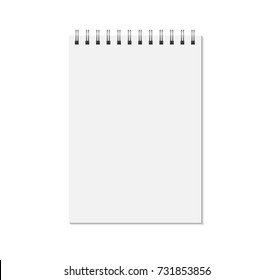 Notebook mock up isolated on white background. Blank pages, copybook with metal spiral template. Realistic closed notebook vector illustration.