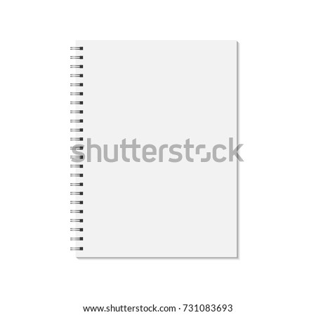 Notebook mock up isolated on white background. Empty pages copybook with metal spiral template. Realistic closed notebook vector illustration.