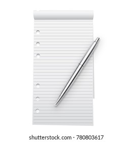 Notebook mock up and silver metallic pen isolated on white background. Lined pages copybook template. Realistic closed notebook and pen vector illustration.