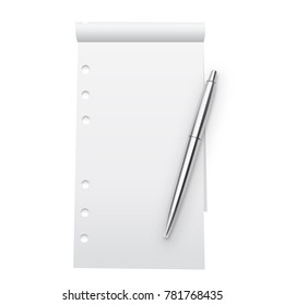 Notebook mock up and silver metallic pen isolated on white background. Blank pages copybook template. Realistic closed notebook and pen vector illustration.