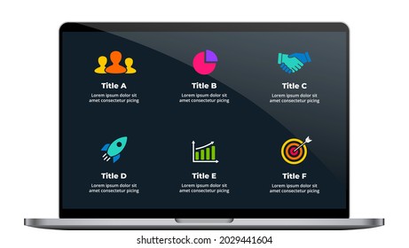 Notebook mock up. Laptop infographic slide template. 6 steps, parts, options. Color business icons. Electronic device presentation. User interface and experience computer screen. 