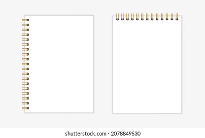 Notebook mockup A4 with gold spiral. Wire bound blank paper note book template. Vertical, horizontal sheets with gold spiral binding. Vector illustration isolated on realistic style on background.