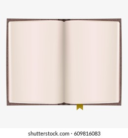 Notebook mockup. Empty sketch book with brown cover. Open art book with place for your design. Blank sketchbook mock up. Vector illustration.