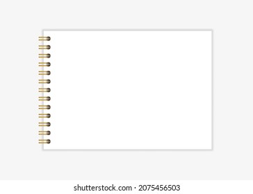 Notebook Mockup With Gold Spiral. Wire Bound Blank Paper Note Book Template. Horizontal A4 Sheets With Gold Spiral Binding. Vector Illustration Isolated On Realistic Style On Light Background.