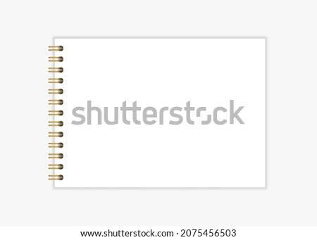 Notebook mockup with gold spiral. Wire bound blank paper note book template. Horizontal A4 sheets with gold spiral binding. Vector illustration isolated on realistic style on light background.