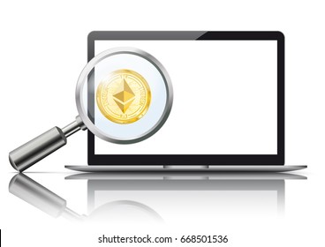Notebook mockup with loupe and bitcoin on the white background. Eps 10 vector file. 