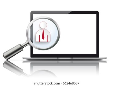Notebook mockup with loupe and businessman on the white background. Eps 10 vector file. 