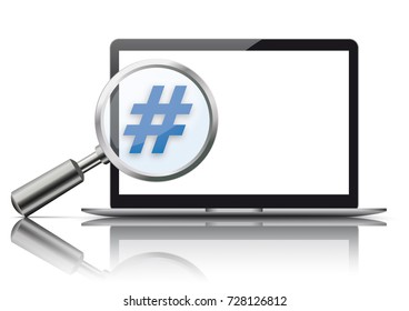 Notebook mockup with loupe and hashtag on the white background. Eps 10 vector file. 