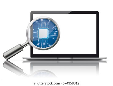 Notebook mockup with loupe and microchip on the white background. Eps 10 vector file. 