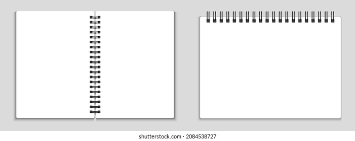 Notebook mockup. Notebooks with metal spiral. Vector illustration. Horizontal and vertical blank notebooks.