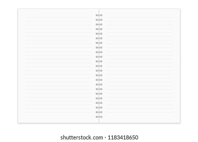 Notebook mockup. Open template with spiral binding. Vector 3d illustration isolated on white background