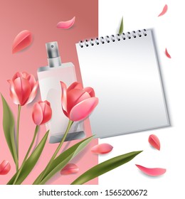 notebook mockup with perfume and flowers in romantic style.   realistic 3d planning list isolated on white and pink. empty paper. vector illustration