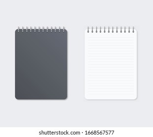 Notebook mockup, with place for your image, text or corporate identity details. Blank mock up with shadow on transparent background. Vector illustration.