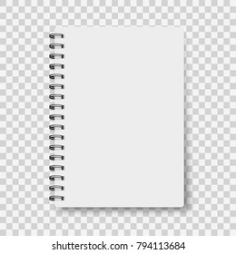 Notebook mockup, with place for your image, text or corporate identity details. Blank mock up with shadow on transparent background. Vector illustration.