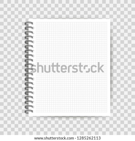 Notebook mockup, with place for your image, text or corporate identity details. Blank mock up with shadow on transparent background. Vector stock illustration.