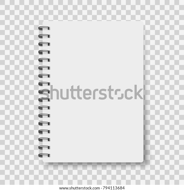 Notebook mockup, with place for your\
image, text or corporate identity details. Blank mock up with\
shadow on transparent background. Vector\
illustration.