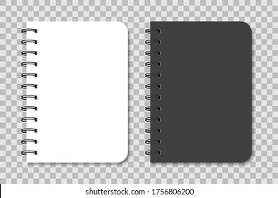 Notebook Mockup With Spiral. Black And White Notepad. Blank Diary With Cover For Note. Template Of A5 Organizer With Paper And Coil Of Rings. Agenda, Planner, Copybook, Sketchbook With Binder. Vector.