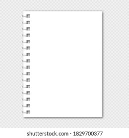 Notebook mockup with spiral. White notepad.  Clear notepad front page or clean page with shadow